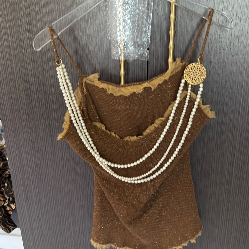 Brown Metallic Trim Spaghetti Strap Tank Top - Brand Unspecified